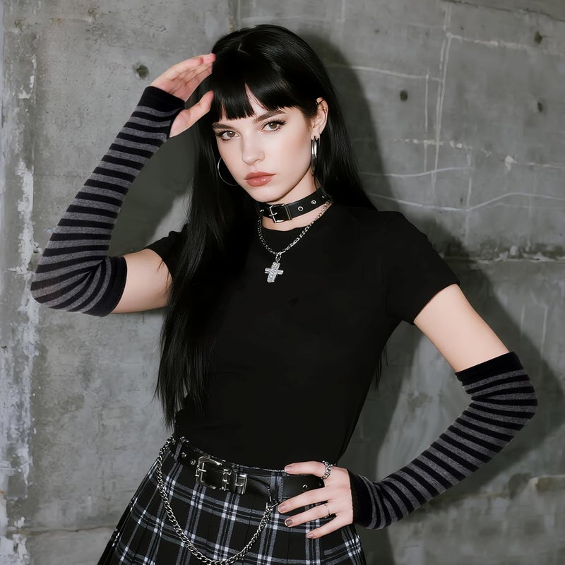Nydotd Fingerless Long Sleeve Mittens Gloves Y2K Kawaii japanese harajuku Gothic Punk Knitted Striped Arm Warmer for Women - Image 3